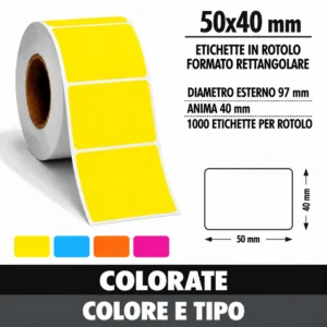 Etichette adesive colorate 50×40 mm, 1000 per rotolo, anima 40 mm
