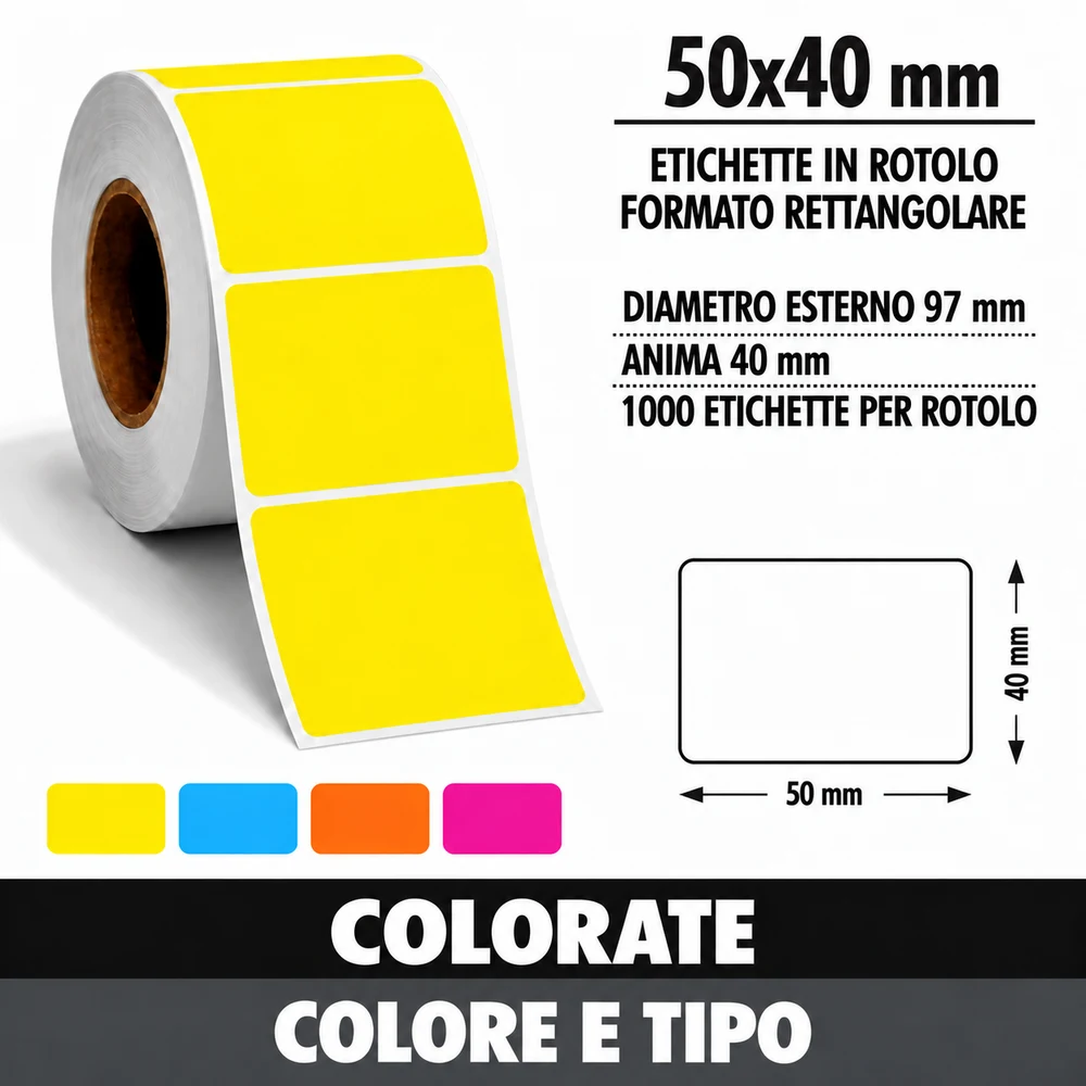 Etichette adesive colorate 50×40 mm – Rotolo 1000 – Vellum / Termica Eco