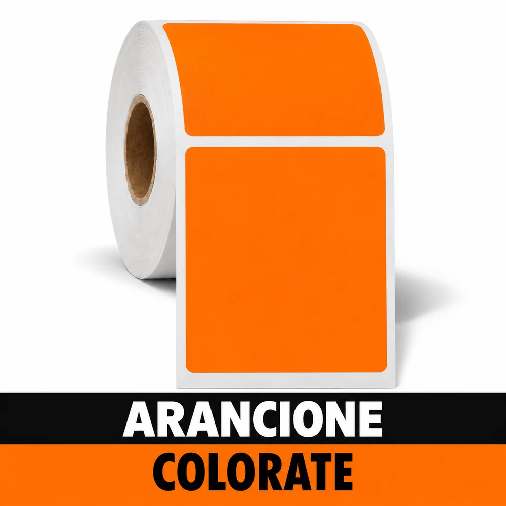 Rotolo di etichette adesive arancioni, disponibile in Vellum e Termica Eco