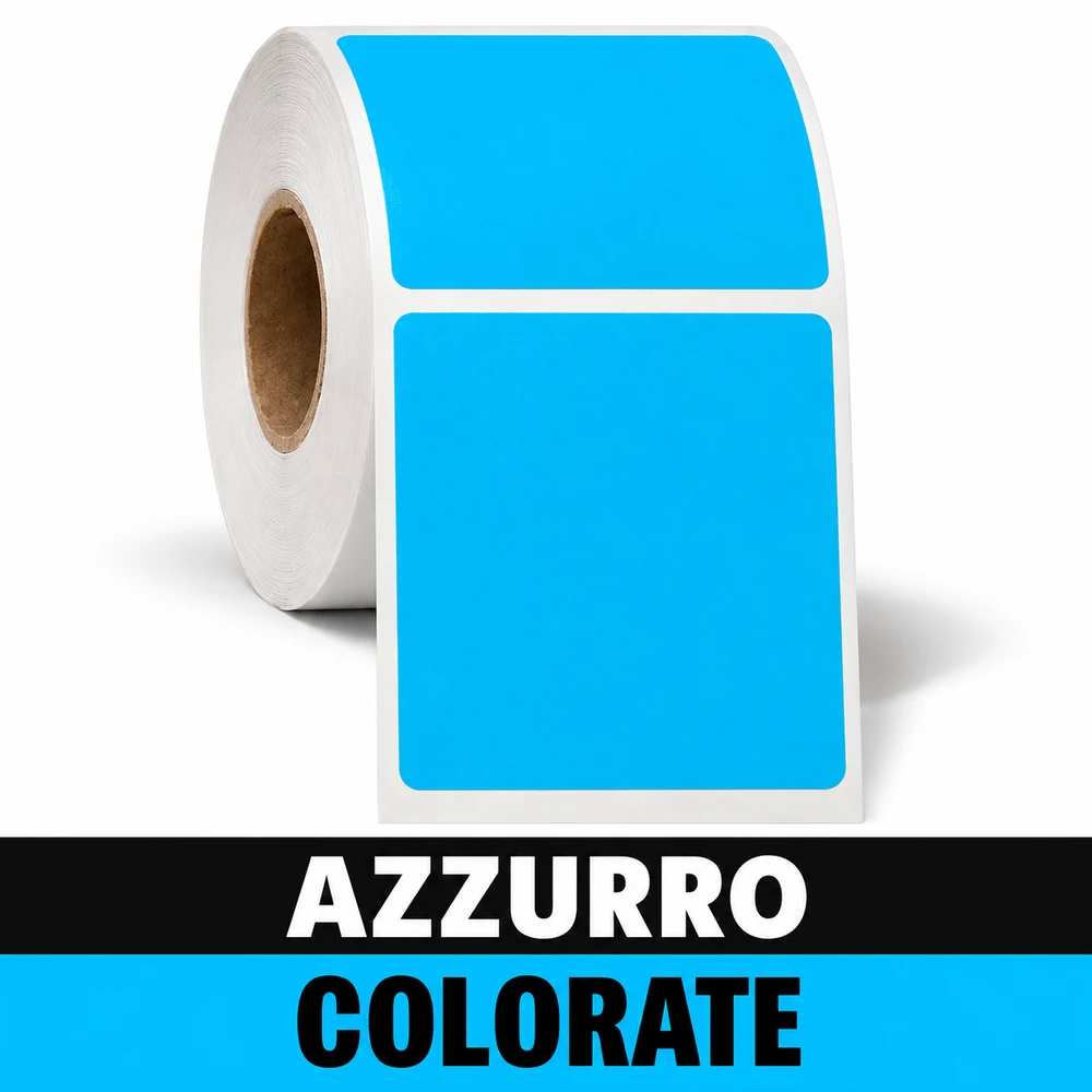 Rotolo di etichette adesive azzurre, disponibile in Vellum e Termica Eco