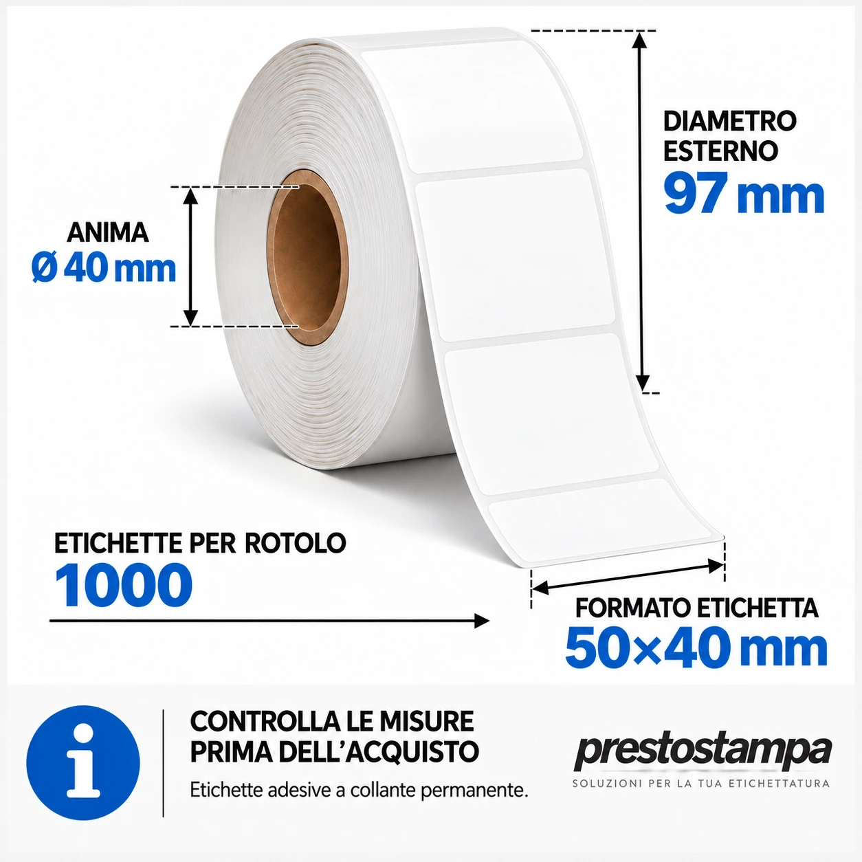 Infografica rotolo Vellum bianco 50×40 mm, 1000 etichette, anima 40 mm, diametro 97 mm
